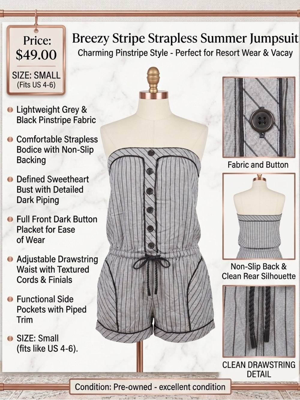 Breezy Stripe Strapless Summer Jumpsuit - Grey Pinstripe